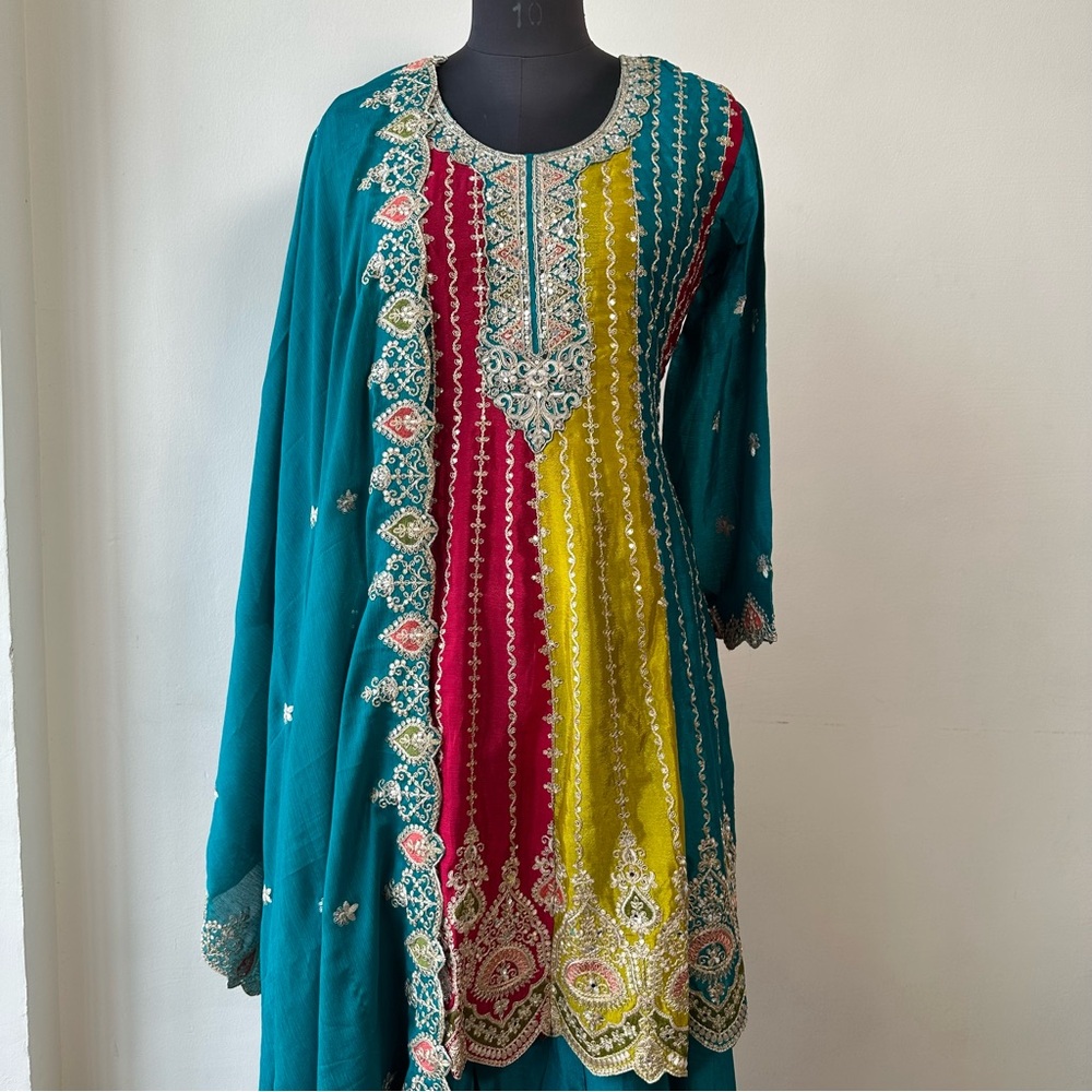 Teal Anarkali Palazzo Set w/ Dupatta | Embroidered Zari Ethnic - Picture 5 of 16